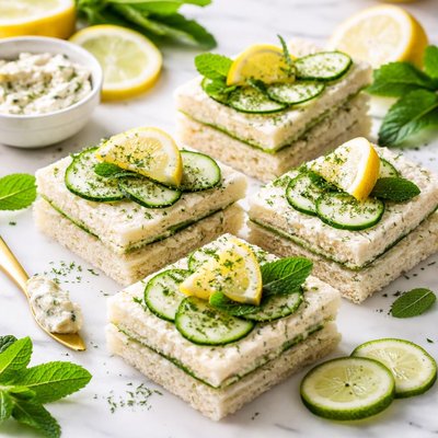 Image of Lemon Cucumber Tea Sandwiches with Minty Mayonnaise or Hummus
