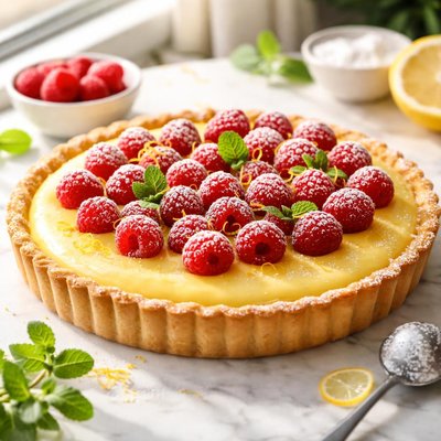 Image of Lemon Custard Tart with Raspberries