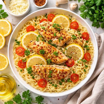 Image of Lemon Garlic Chicken Over Angel Hair Pasta