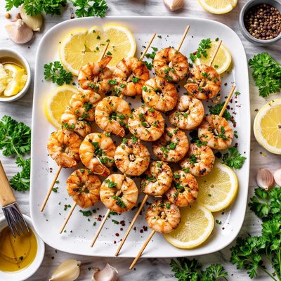 Image of Whole30 Lemon Garlic Grilled Shrimp Skewers