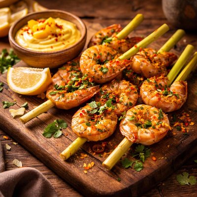 Image of Lemon Grass Prawn Shrimp Skewers with Mango Mayonnaise