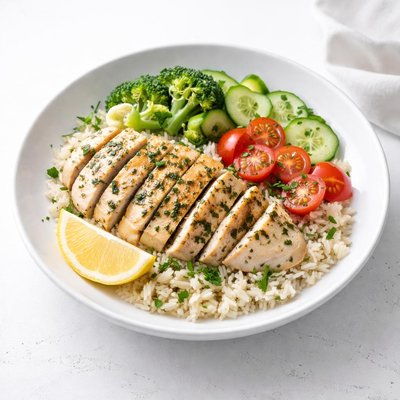 Image of Cuenco de pollo con limón, hierbas y arroz Keto