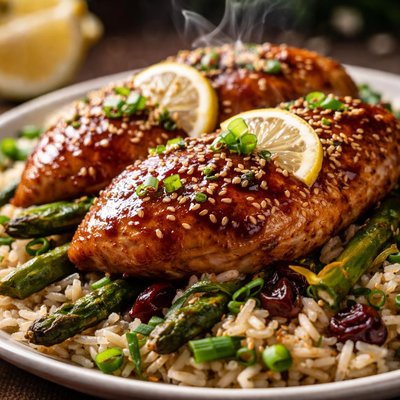 Image of Lemon Hoisin Glazed Chicken on Roasted Asparagus Cherry Rice