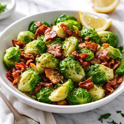 Image of Lemon Infused Buttered Brussels Sprouts W Crisp Peppered Bacon