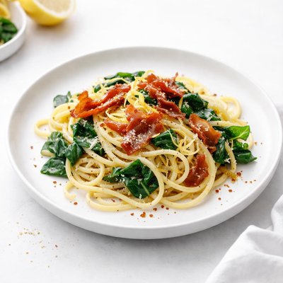 Image of Lemon Linguine with Spinach and Crispy Prosciutto
