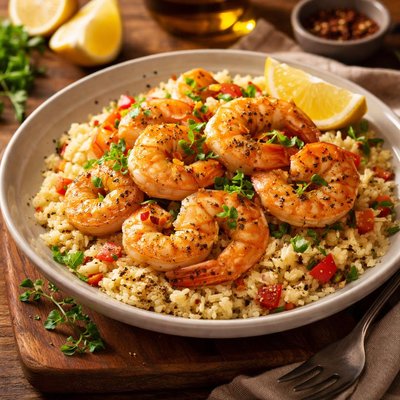 Image of Lemon Oregano Shrimp Over Peppered Couscous