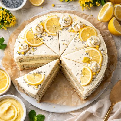 Image of Lemon Poppy Seed Torte with Lemon Buttercream Icing