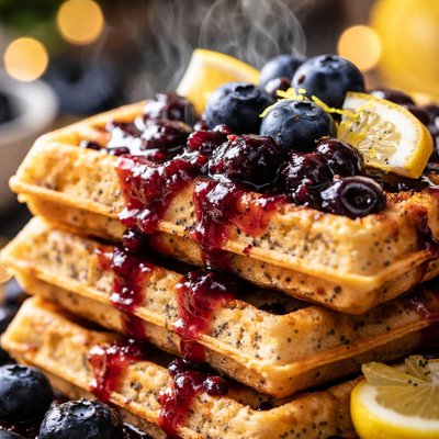 Image of Lemon Poppy Seed Waffles with Blueberry Sauce