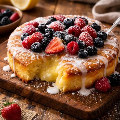 Image of Lemon Pudding Cake W Mixed Berries and Powdered Sugar Glaze