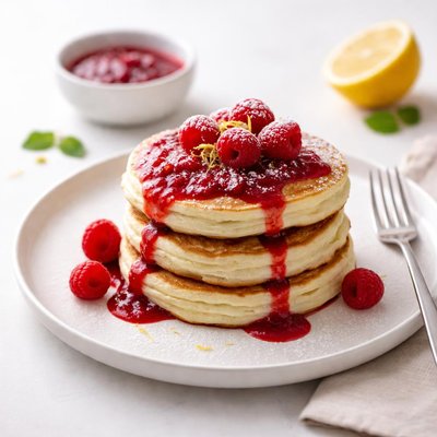 Image of Lemon Ricotta Pancakes with Raspberry Sauce