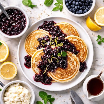 Image of Lemon Ricotta Pancakes with Warm Blueberry Compote