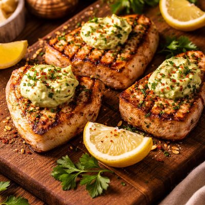 Image of Lemon Soy Swordfish with Avocado Butter
