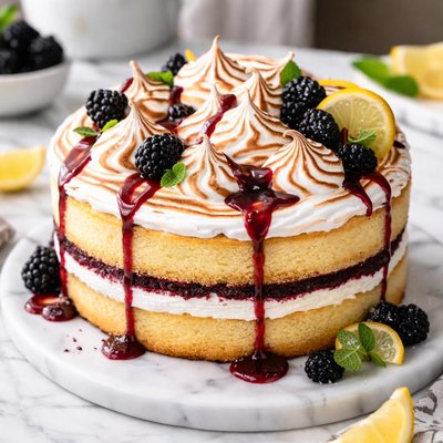 Image of Lemon Sponge Cake with Italian Meringue and Blackberry Puree