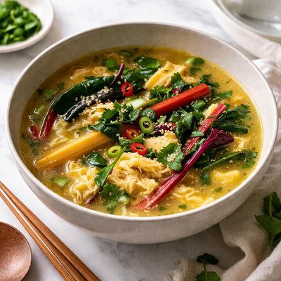 Image of Lemongrass and Ginger Egg Drop Soup with Rainbow Chard