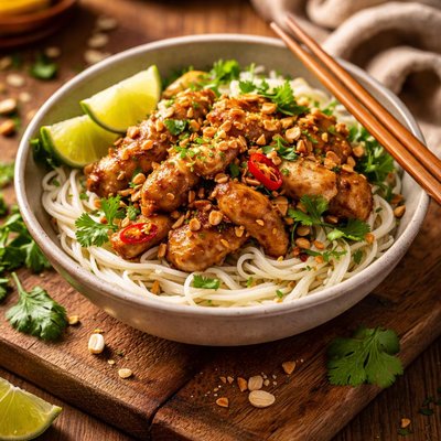 Image of Lemongrass Chicken Over Rice Stick Noodles