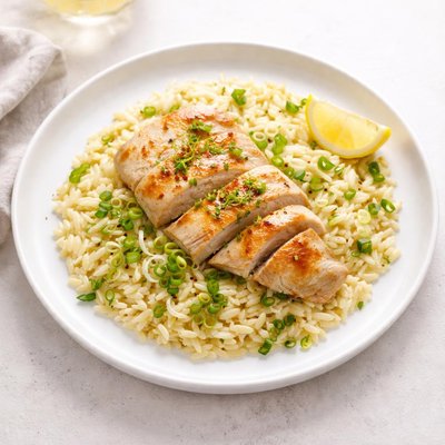 Image of Lemony Chicken and Scallion Orzo Risotto Style