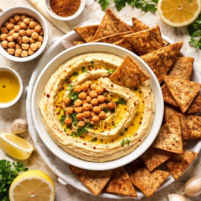 Image of Lemony Hummus with Spicy Whole Wheat Pita Chips