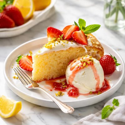 Image of Lemony Lemon Cake with Strawberries and Ice Cream