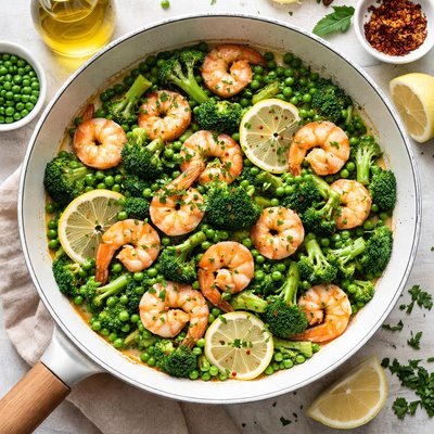Image of Lemony Sauteed Shrimp with Broccoli and Peas