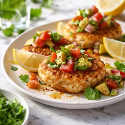 Image of Lemony Shrimp and Potato Cakes with Tricolor Salsa