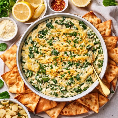 Image of Lemony Spinach Artichoke Dip with Pita Crisps