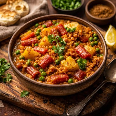 Image of Lentil and Rhubarb Curry with Potatoes and Peas