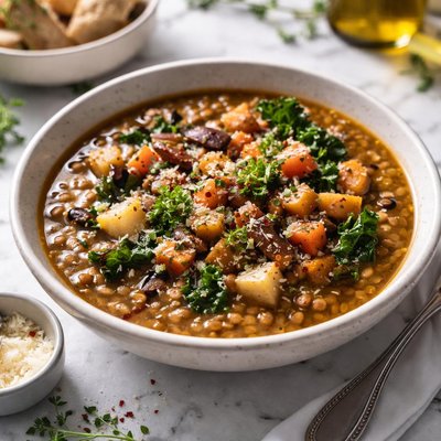 Image of Lentil Soup with Balsamic Roasted Winter Vegetables