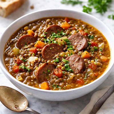 Image of Lentil Soup with Vegetables and Andouille Sausage