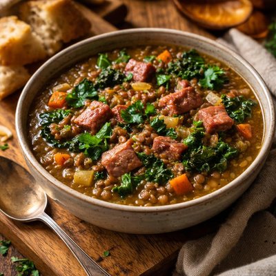 Image of Lentil Stew with Ham and Greens