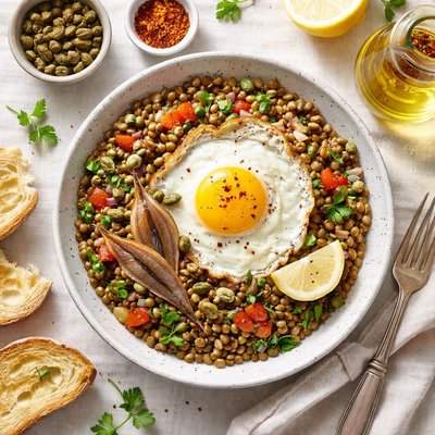 Image of Lentils with Anchovies Capers and a Fried Egg