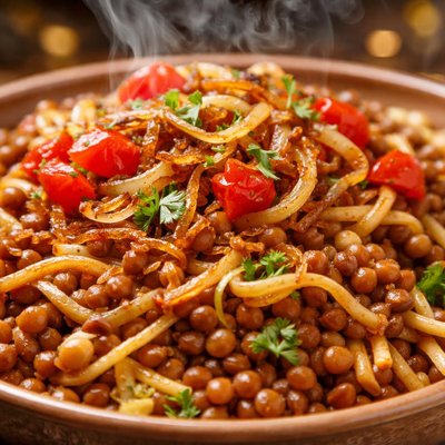Image of Lentils with Noodles Onions and Tomatoes Syrian Rishta