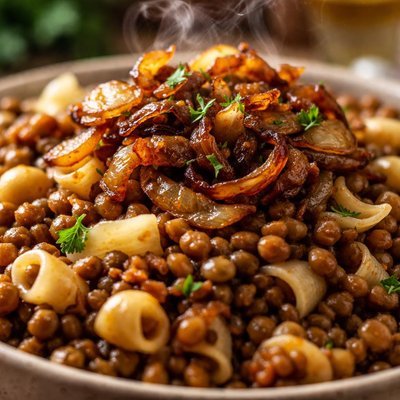 Image of Lentils with Pasta and Caramelised Onions
