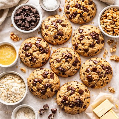 Image of Galletas tipo Levain de estilo panadería paleo con chispas de chocolate y nueces.