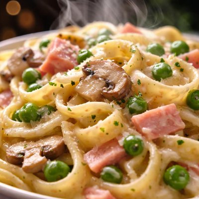 Image of Light and Creamy Pasta with Ham Peas and Mushroom