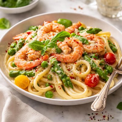 Image of Light but Creamy Fettuccine with Shrimp Vegetables