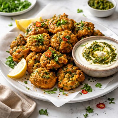 Image of Lightly Spiced Cauliflower Fritters with Yoghurt Chermoula Dip