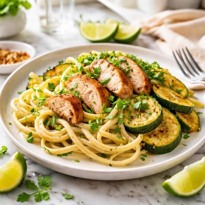 Image of Lime Chicken Linguine W Cilantro Cream Sauce Roasted Zucch