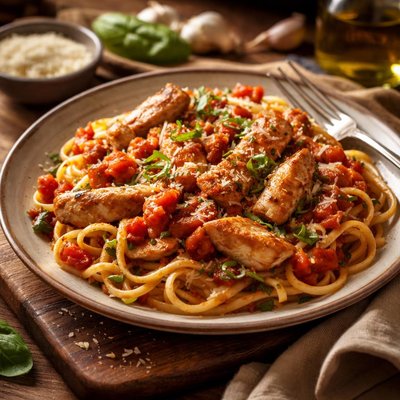 Image of Linguine Pasta W Chicken in Tomato Garlic Sauce