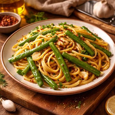 Image of Linguine Stir Fry with Green Beans and Garlic