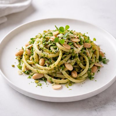 Image of Linguine with Almond Pesto and Beans