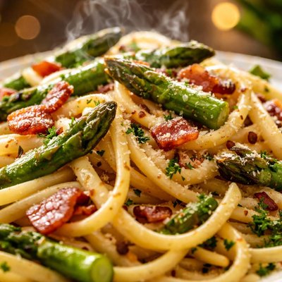 Image of Linguine with Asparagus Parmesan and Bacon