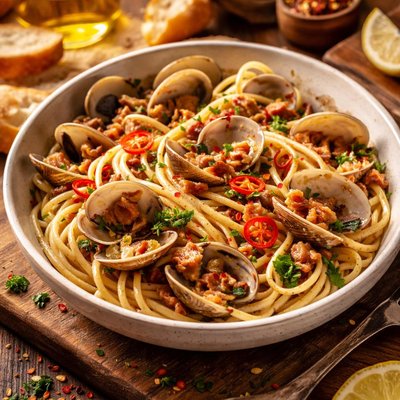 Image of Linguine with Clams Pancetta Chili and White Wine