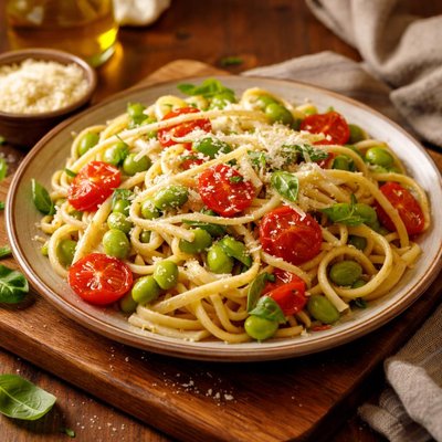 Image of Linguine with Edamame and Tomatoes