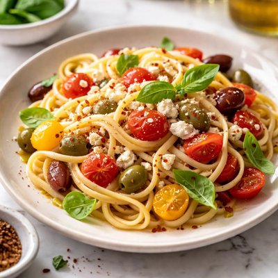 Image of Linguine with Fresh Tomatoes Olives and Feta Cheese