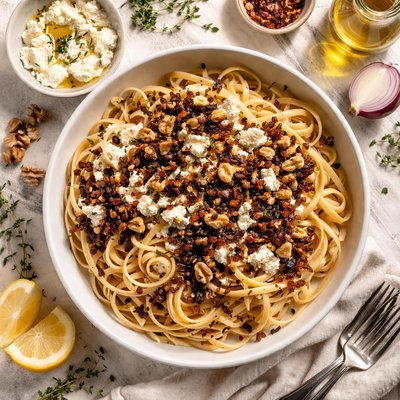 Image of Linguine with Onion Confit Goat Cheese and Walnuts