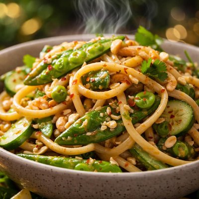 Image of Linguine with Snow Peas Cucumber and Peanut Sauce