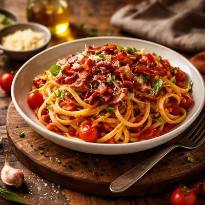 Image of Linguini Pomodoro with Crisp Bacon