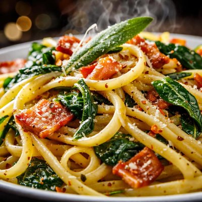 Image of Linguini with Bacon Baby Spinach and Sage