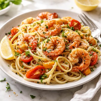 Image of Linguini with Garlicky Shrimp and Fresh Tomatoes