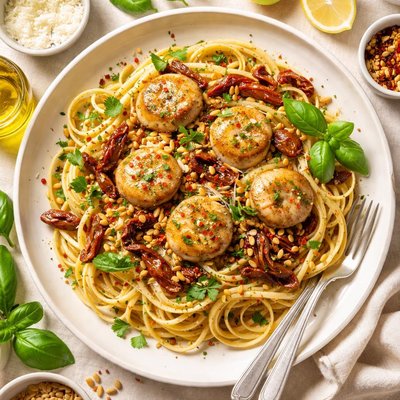 Image of Linguini with Scallops Sun Dried Tomatoes and Pine Nuts